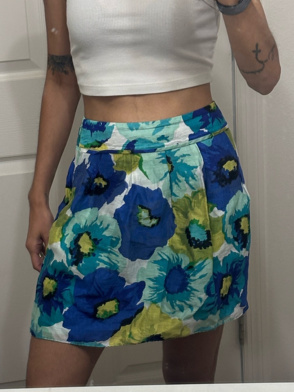 LOFT Petites Floral Mini Skirt Blue Green Linen Blend Y2K Summer Cottagecore